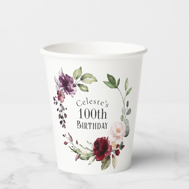 Colourful Floral Elegant 100th Birthday Paper Cups (Front)