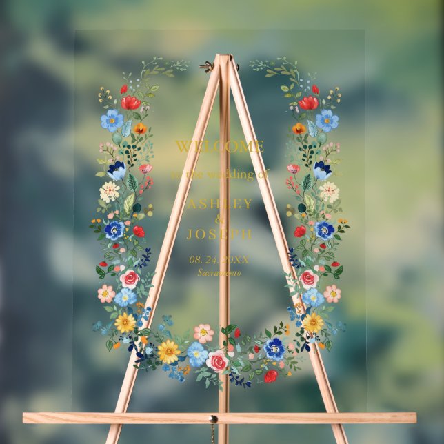 Colourful Floral Elegant Gold Wedding Welcome Acrylic Sign (Neutral)