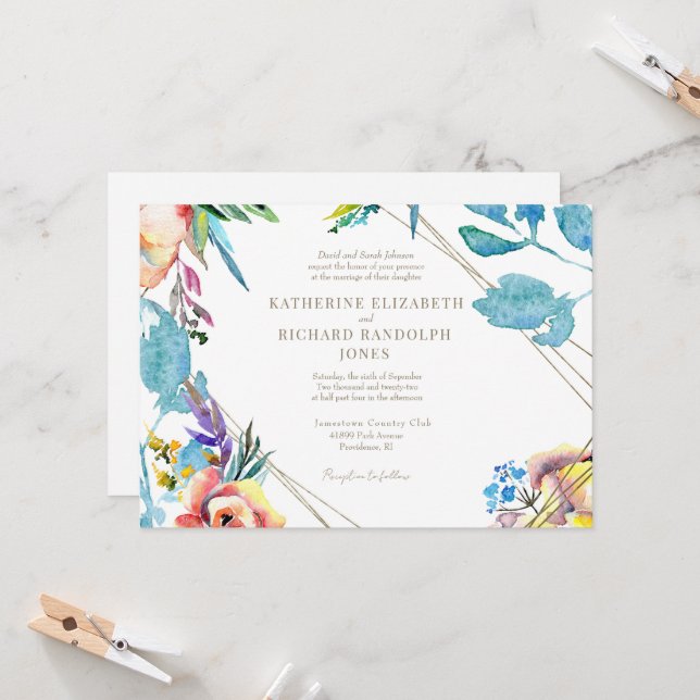 Colourful Floral Elegant  Horizontal Wedding  Invitation (Front/Back In Situ)