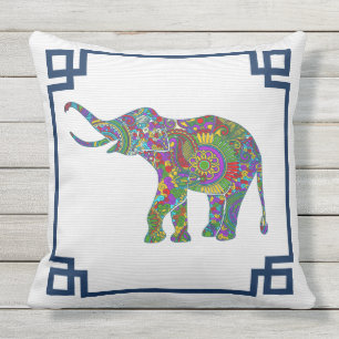 Colourful Floral Elephant Blue Frame Cushion