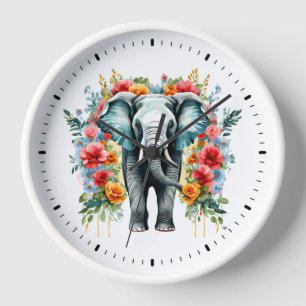 Colourful Floral Elephant Clock