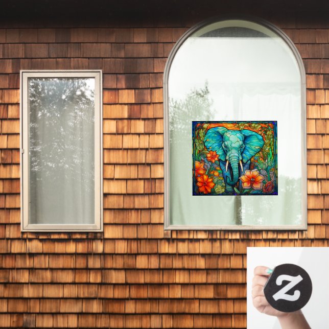 Colourful Floral Elephant Faux Stained Glass  (Home Window)