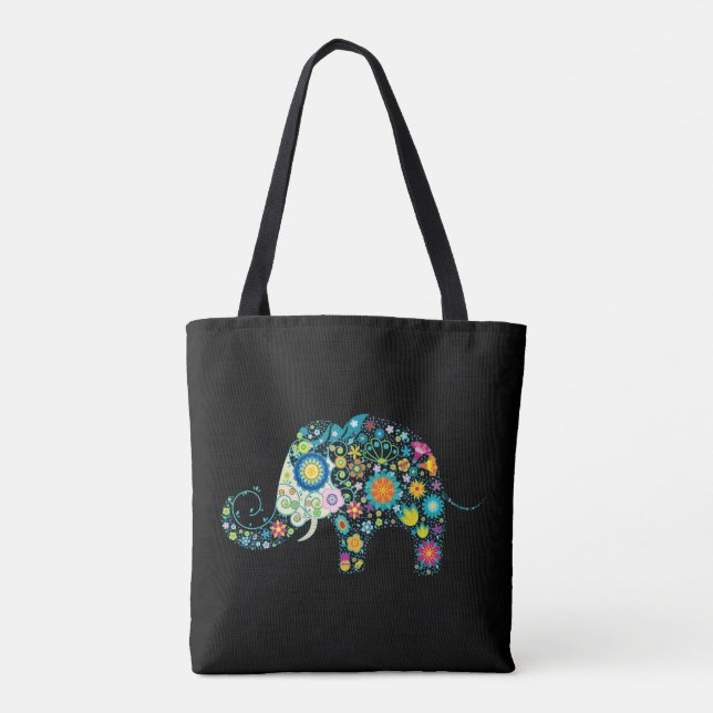 Colourful floral elephant on black tote bag (Back)