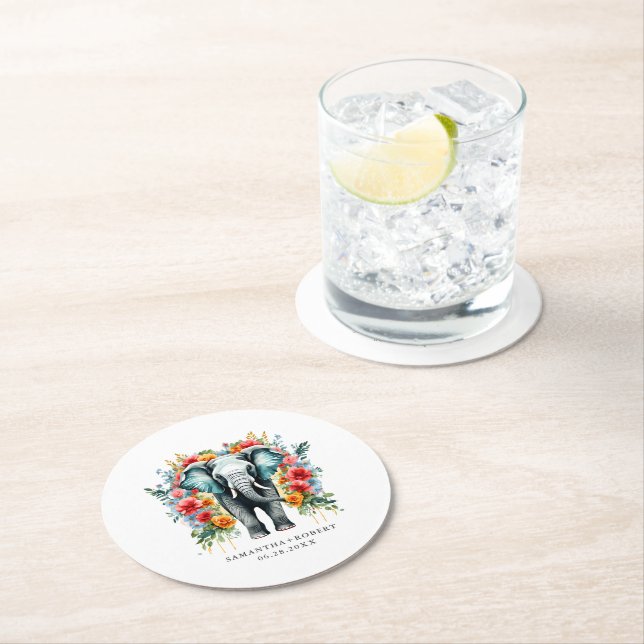 Colourful Floral Elephant Round Paper Coaster (Insitu)