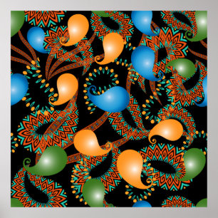Colourful floral ethnic 3d Paisley seamless patter Poster