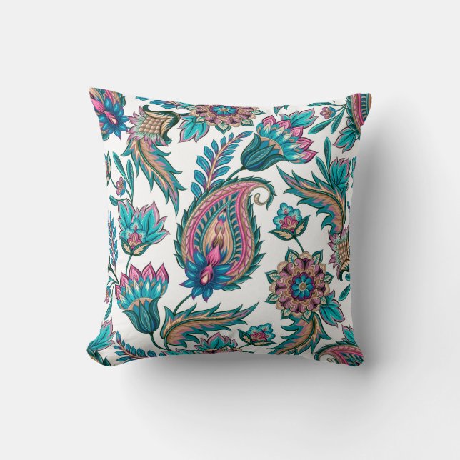 Colourful floral ethnic paisley pattern cushion (Front)