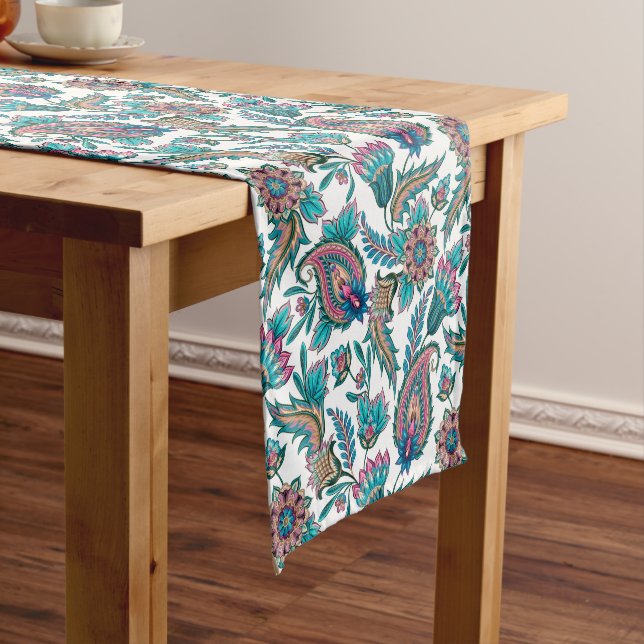 Colourful floral ethnic paisley patternl short table runner (In Situ)