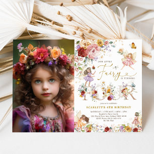 Colourful Floral Fairy Princess 4th Birthday Photo Invitation