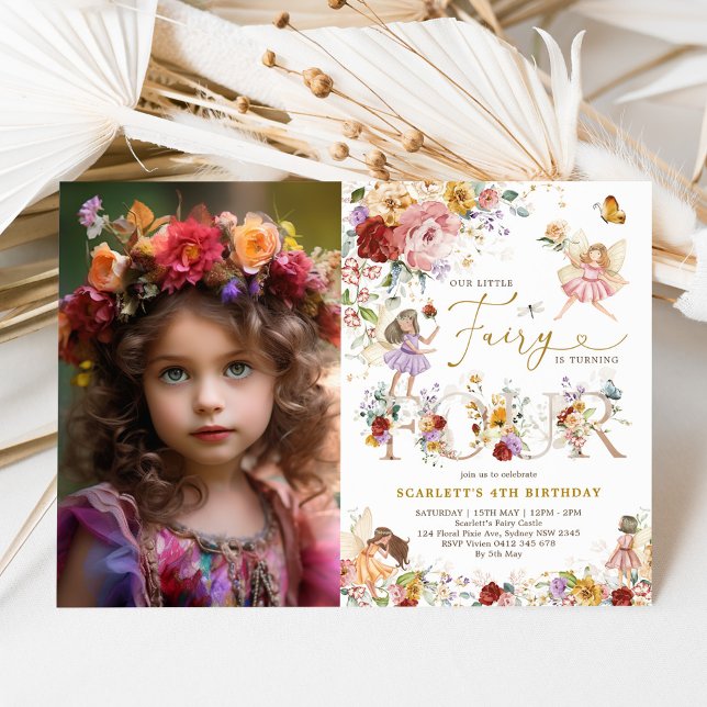Colourful Floral Fairy Princess 4th Birthday Photo Invitation (Creator Uploaded)