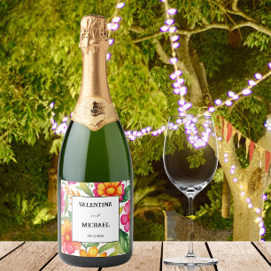 Colourful Floral Fiesta Mexican Wedding Sparkling Wine Label