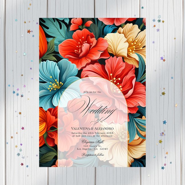 Colourful Floral Fiesta Wedding Photo and QR Code Invitation (Colourful Floral Fiesta Wedding Photo and QR Code Invitation)