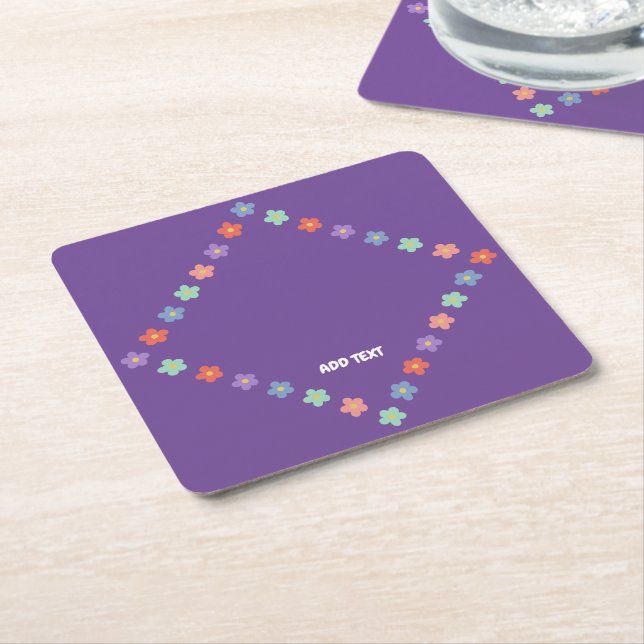 Colourful Floral Flower gradient Personalised Text Square Paper Coaster (Angled)