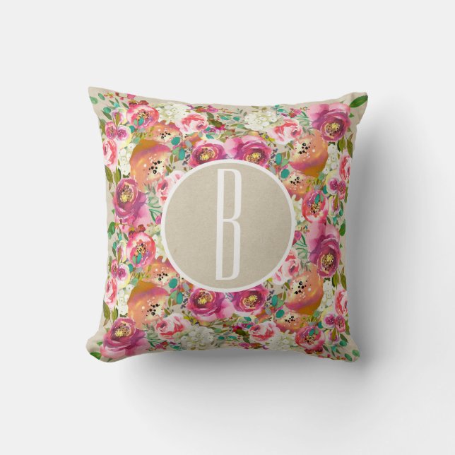 Colourful Floral Flowers Rustic Kraft Monogram Cushion (Front)