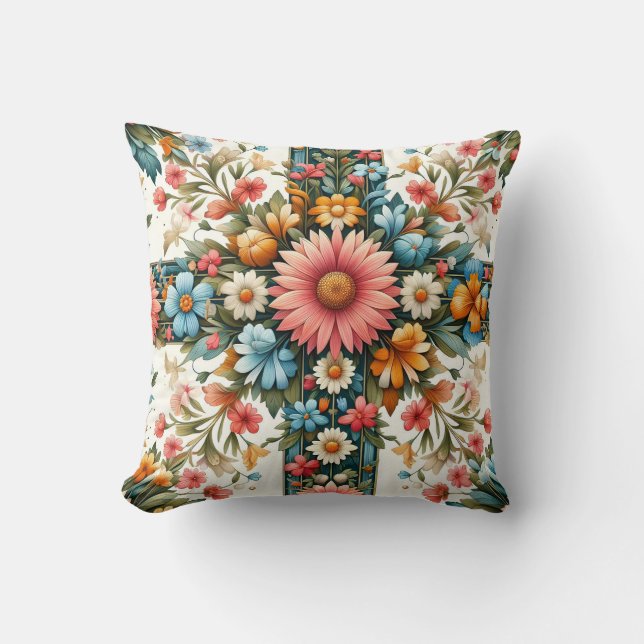 Colourful Floral Folk Art Pillow - Boho Flower Cus (Front)