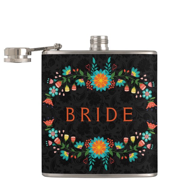 Colourful Floral Frame Back Background Hip Flask (Opened)