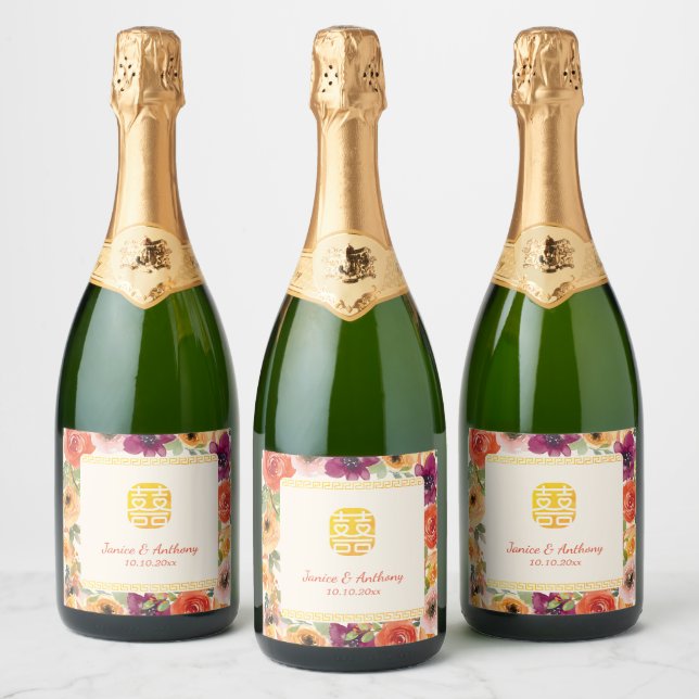 Colourful floral frame beige Chinese wedding  Sparkling Wine Label (Bottles)