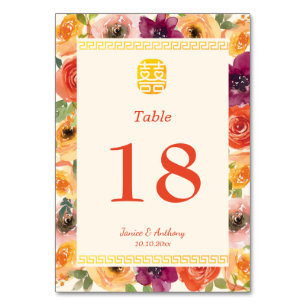 Colourful floral frame beige Chinese wedding Table Number