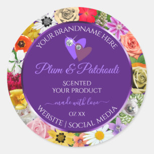 Colourful Floral Frame Purple Product Labels Heart