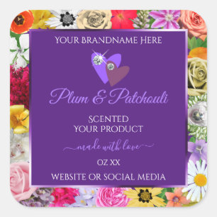 Colourful Floral Frame Purple Product Labels Heart
