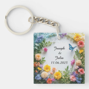 Colourful Floral Frame with Blue Butterfly Key Ring