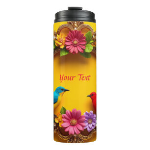 Colourful Floral Frame with Vibrant Birds Thermal Tumbler