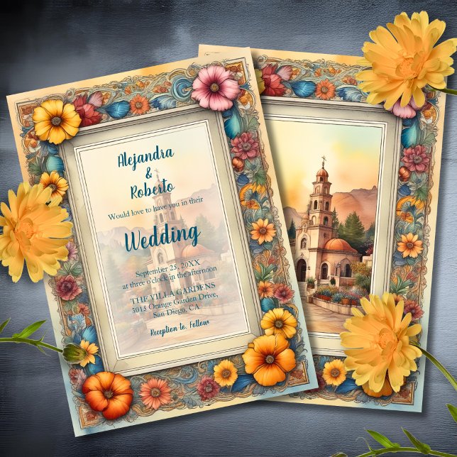 Colourful Floral Framed Chapel Mexican Wedding Invitation (Creator Uploaded)