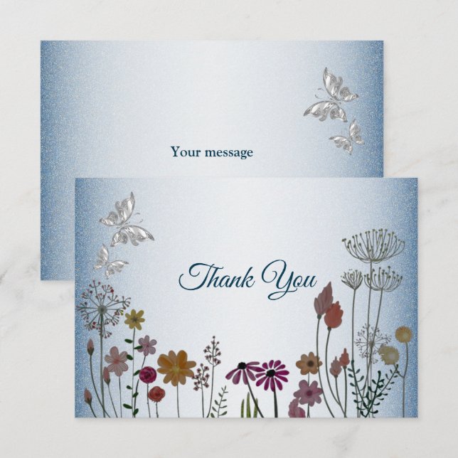 Colourful Floral Garden Blue Shiny Glitter Wedding Thank You Card (Front/Back)