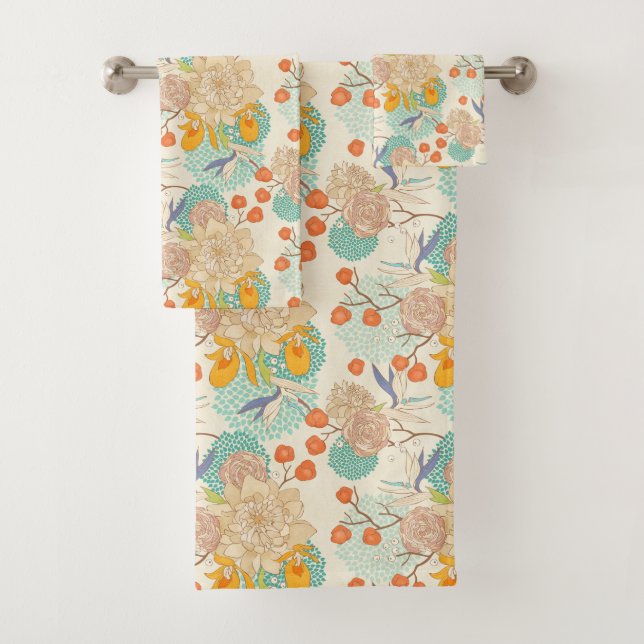 Colourful Floral Garden Pattern Bath Towel Set (Insitu)