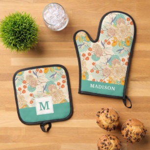 Colourful Floral Garden Pattern Oven Mitt & Pot Holder Set