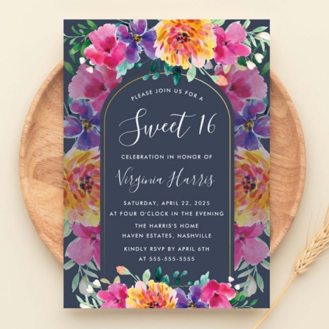 Colourful Floral Garden Sweet Sixteen 16 Birthday Invitation (Creator Uploaded)