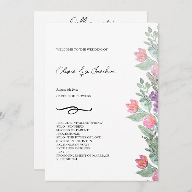 Colourful Floral Garden Watercolor Hand-painted Program (Front/Back)