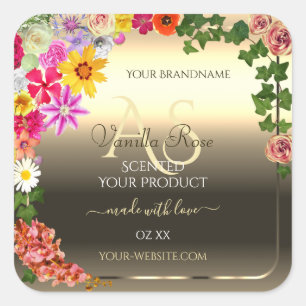 Colourful Floral Gold Product Labels with Monogram