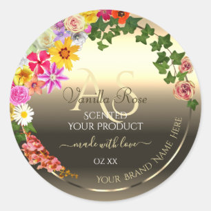 Colourful Floral Gold Product Labels with Monogram