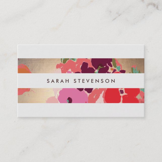 Colourful Floral Gold Striped Fashion and Beauty Business Card (Front)