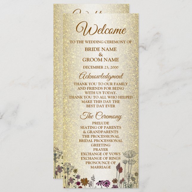 Colourful Floral Golden Glitter Wedding Program (Front/Back)