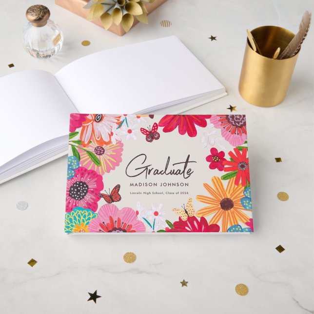 Colourful Floral Graduation Party Guest Signature  Book (Front Open)