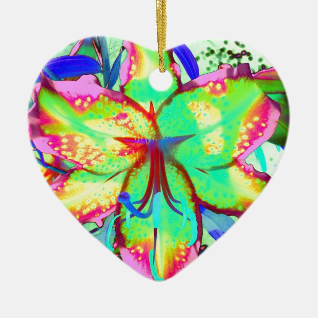 Colourful floral green pink lily tropical flowers ceramic ornament (Front)