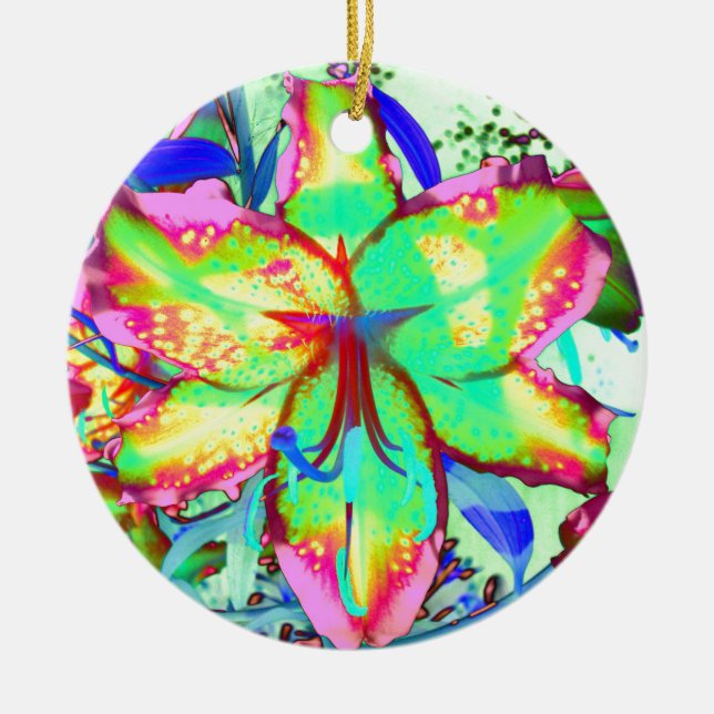 Colourful floral green pink lily tropical flowers ceramic ornament (Front)