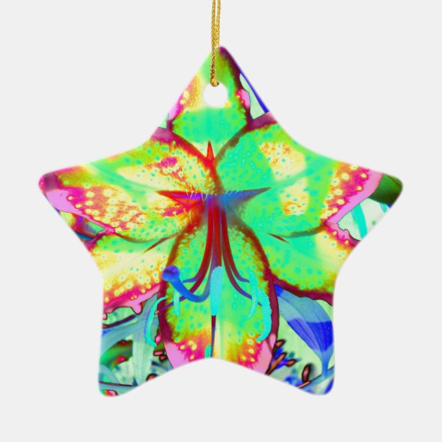 Colourful floral green pink lily tropical flowers ceramic tree decoration (Front)