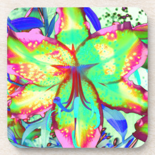 Colourful floral green pink lily tropical flowers coaster