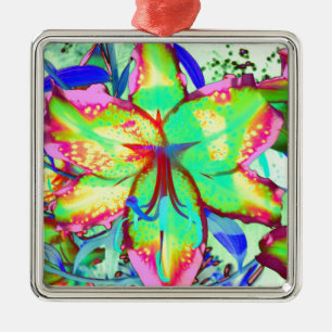 Colourful floral green pink lily tropical flowers metal ornament