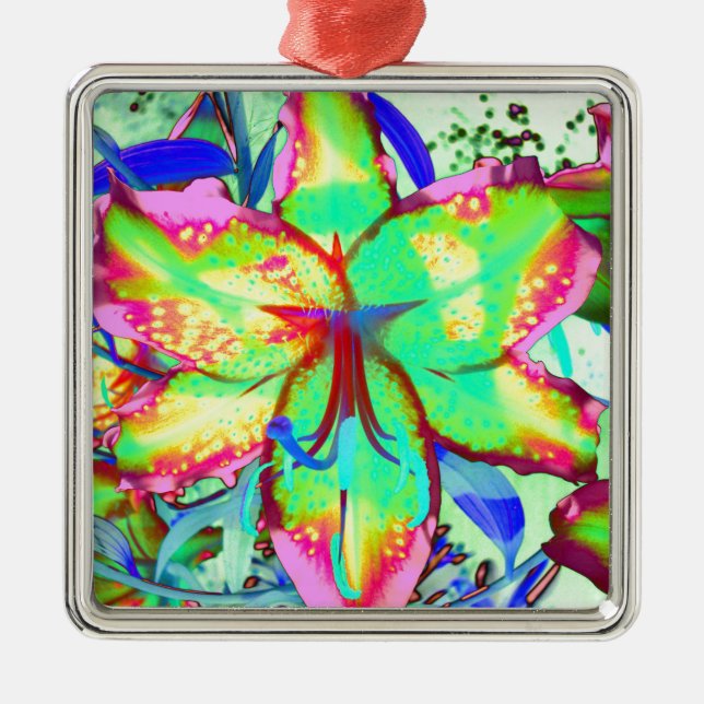Colourful floral green pink lily tropical flowers metal ornament (Front)