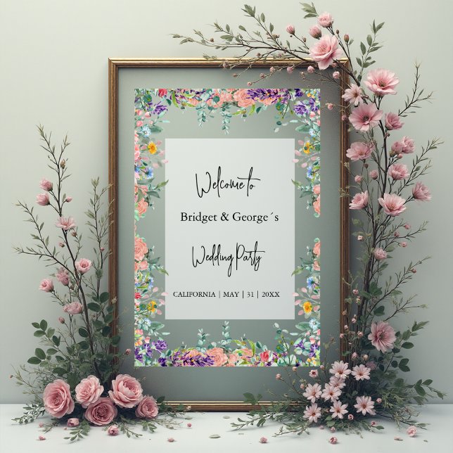 Colourful Floral Greenery Frosted Wedding Welcome Acrylic Sign (Creator Uploaded)