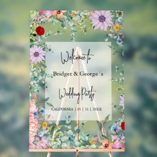 Colourful Floral Greenery Frosted Wedding Welcome Acrylic Sign
