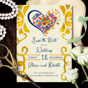Colourful Floral Heart Baroque Mexican Wedding Save The Date