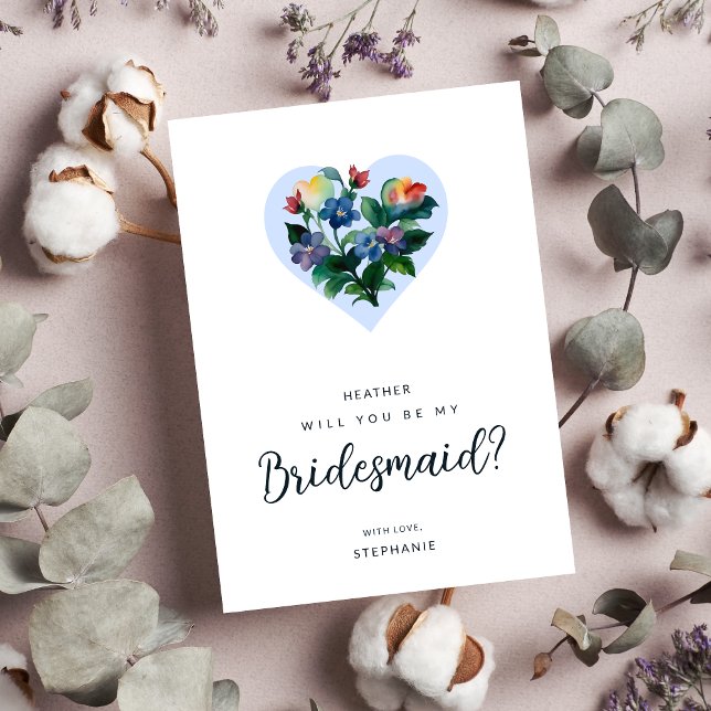 Colourful Floral Heart Blue Shades Bridesmaid Invitation (Colorful Floral Heart Blue Shades Bridesmaid Proposal Card with Envelope. )
