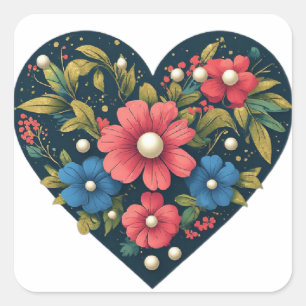 💕 Colourful Floral Heart For Wedding Decor 💕 Square Sticker