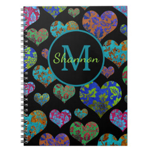 Colourful floral heart pattern monogram name notebook