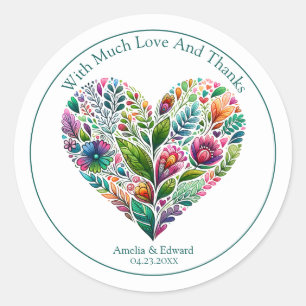Colourful Floral Heart "Thank You" Favour Classic Round Sticker