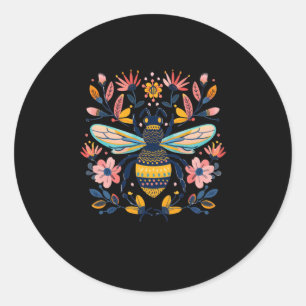 Colourful Floral Illustration Of A Bee Surrounded Classic Round Sticker